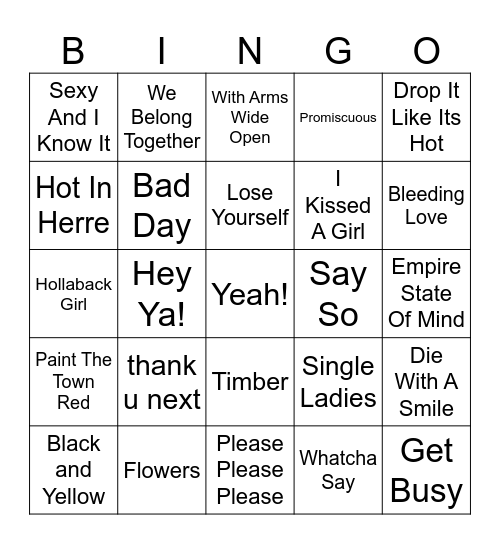 Number 1 Hits 2000-2025 Bingo Card