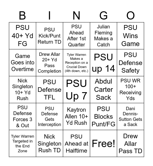 Penn State Football Bingo 2024 Bingo Card