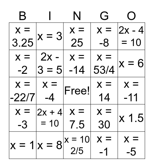 Equation Bingo Card