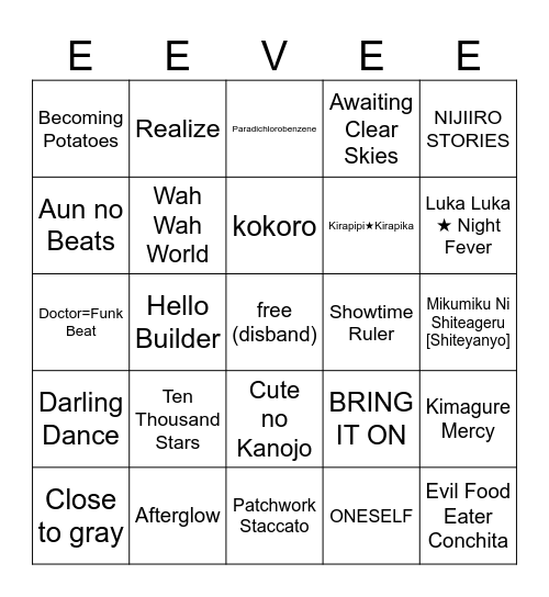 eevee's unchanging warmth bingo Card