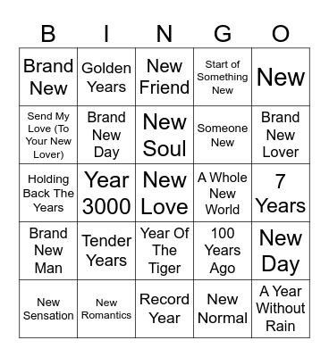 "New" or "Year" Songs Bingo Card