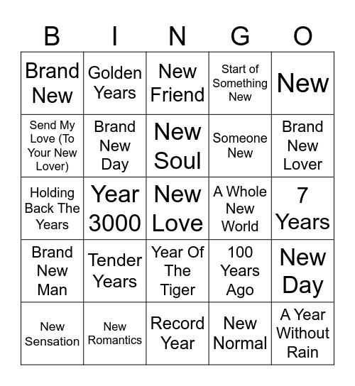 "New" or "Year" Songs Bingo Card