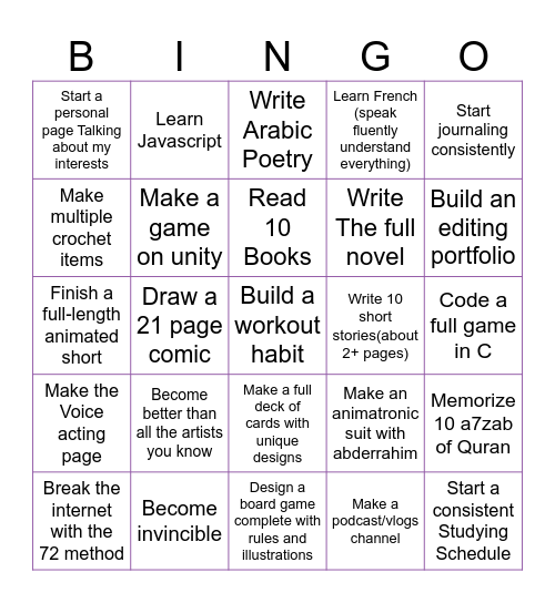 2025 Goal List Bingo Card