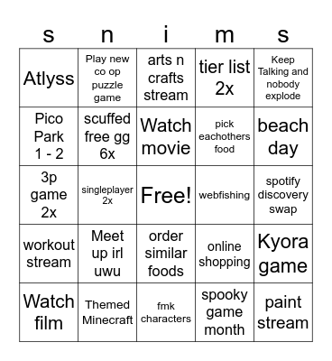 sneve and crims 2025 Bingo Card