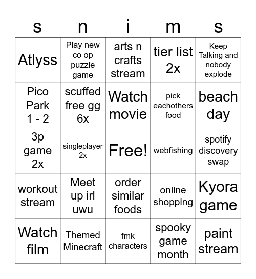 sneve and crims 2025 Bingo Card