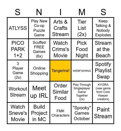 Crims & Sneve 2025 Bingo Card