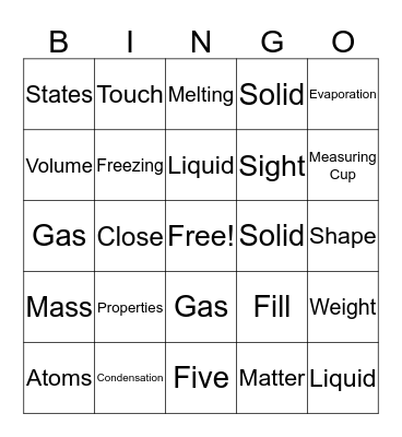 States of Matter Bingo Card
