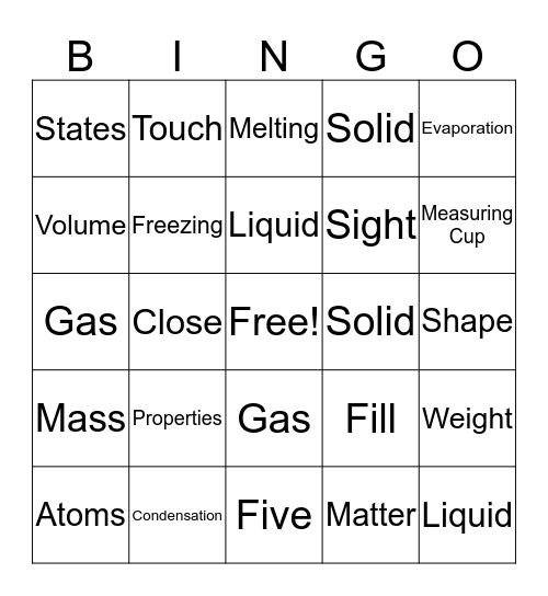 States of Matter Bingo Card