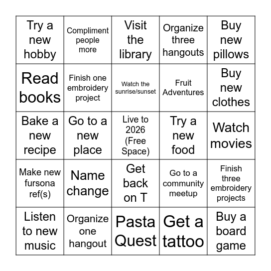 2025 New Years Resolutions Bingo Card