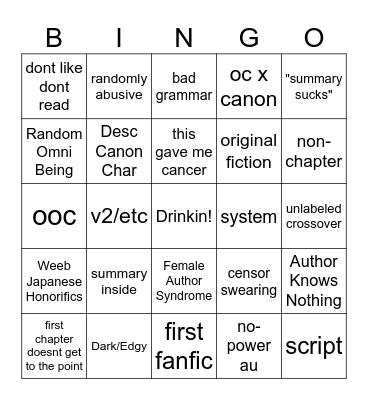 Bad Fanfiction Bingo Card