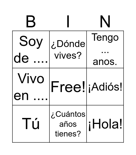 Spanish Greetings Bingo Card