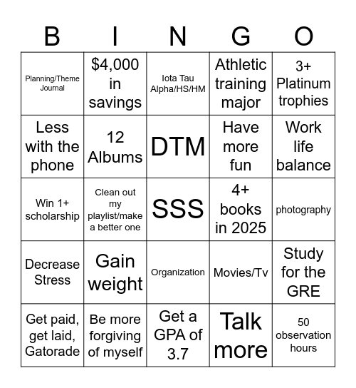The year of improvement Bingo Card
