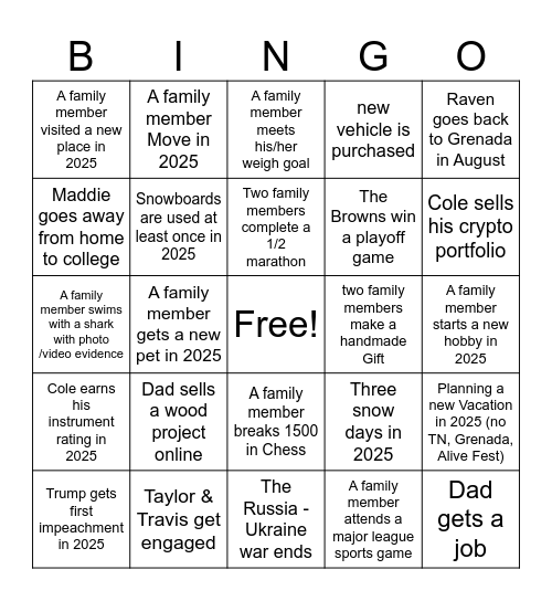 Ile Family New Year 2025 Bingo Card