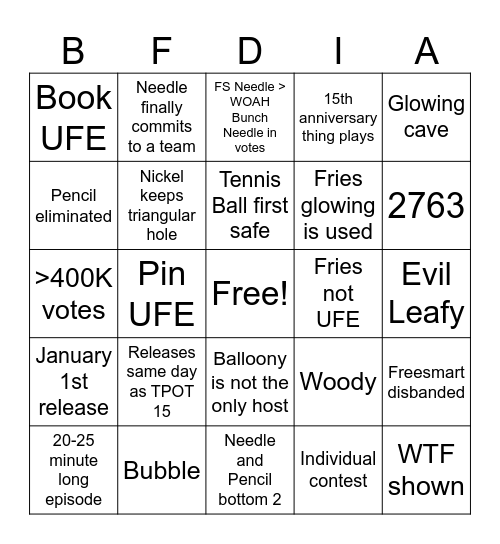 BFDIA 17 Bingo Card