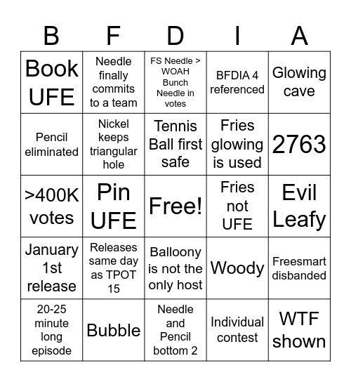 BFDIA 17 Bingo Card