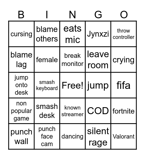 Gamer rage bingo Card