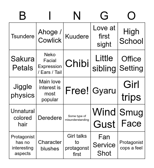 Romance Anime Bingo Card