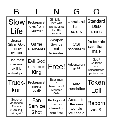 Isekai Bingo Card