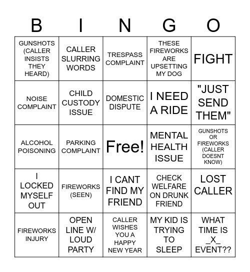 NYE CALLTAKER BINGO Card