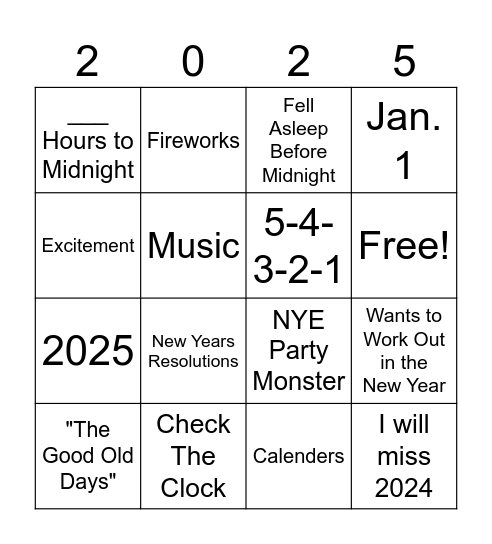 New Years Eve Bingo Card