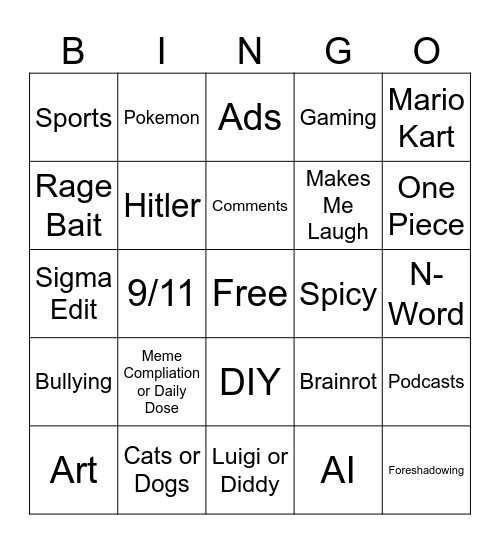 Instagram Bingo Card