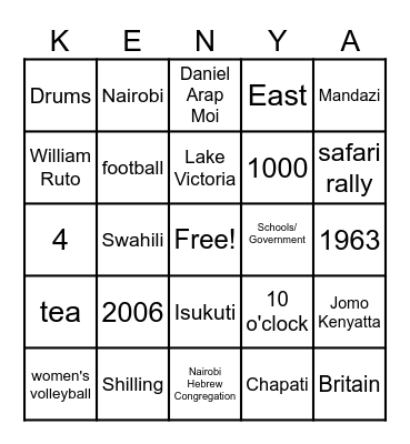 Kenya Bingo Card