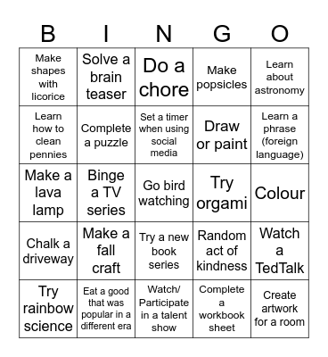 Boredom Bingo Card