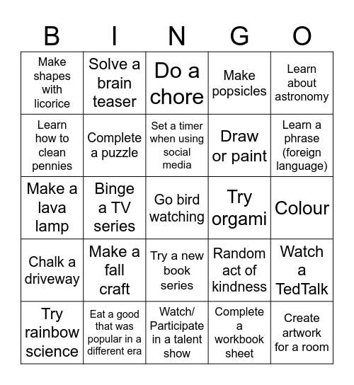 Boredom Bingo Card