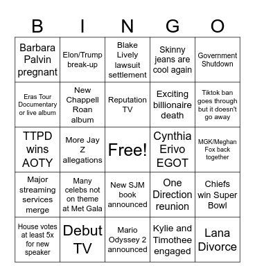 2025 Pop Culture Bingo Card