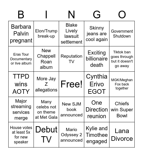 2025 Pop Culture Bingo Card