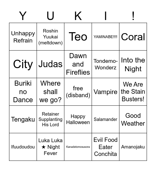 yuki's unchanging warmth bingo Card