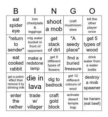 Minecraft lockout Bingo Card