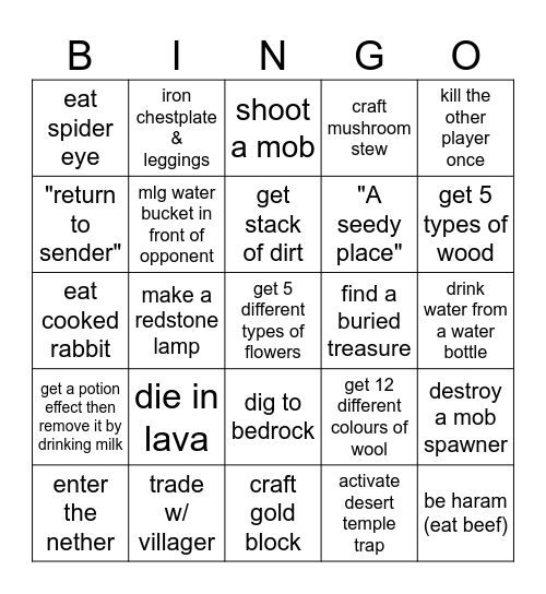 Minecraft lockout Bingo Card