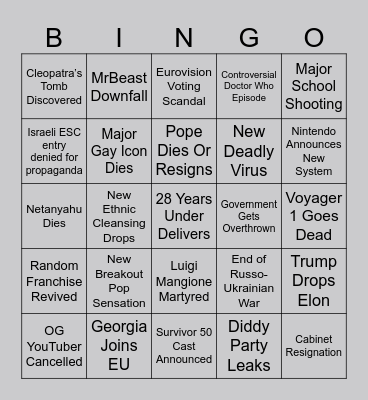 2025 World Events Bingo Card