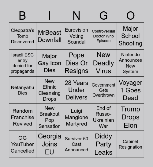 2025 World Events Bingo Card