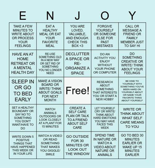 Self Care Bingo Card