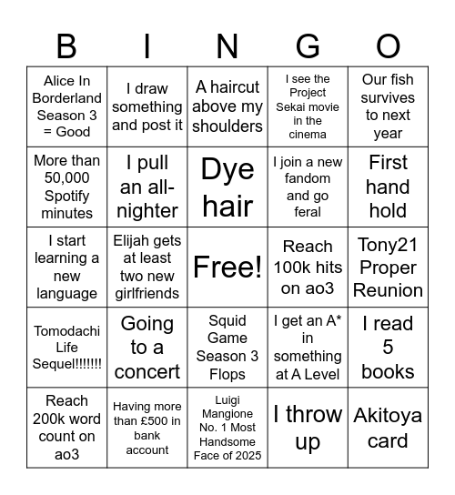 2025 Predictions Bingo Card