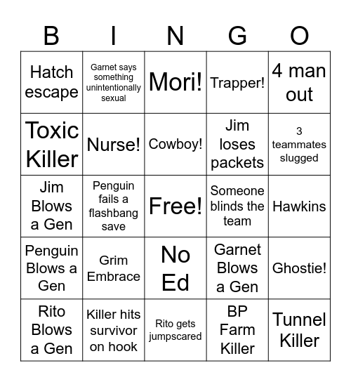 DBD Bingo Card
