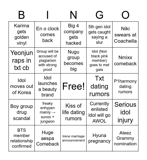 Kpop 2025 pt 2 Bingo Card