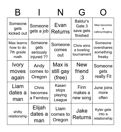 Friend Group 2025 Bingo Card