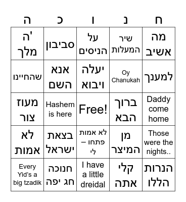 Chanukah Musical Bingo Card