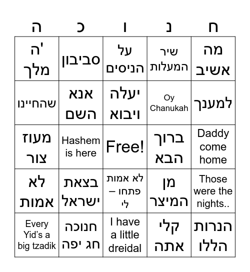 Chanukah Musical Bingo Card
