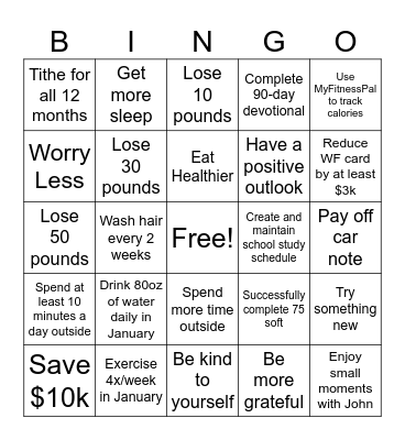 New Year's Goals BINGO Card