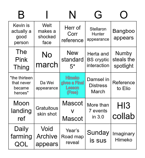 3.0 Amphoreus Loop Bingo Card