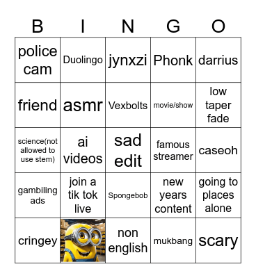 Tik tok bingo Card