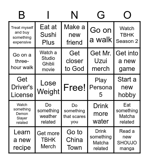 New Year's Resolution BINGO Card