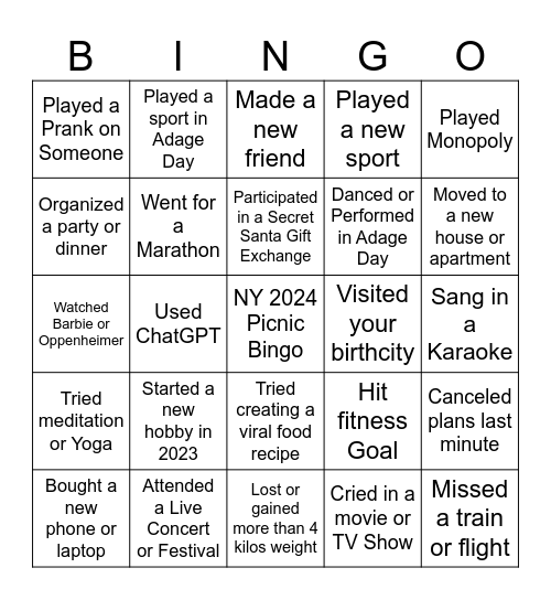 2023 Recap Bingo Card