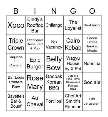 Restaurant Bingo 2025! Bingo Card
