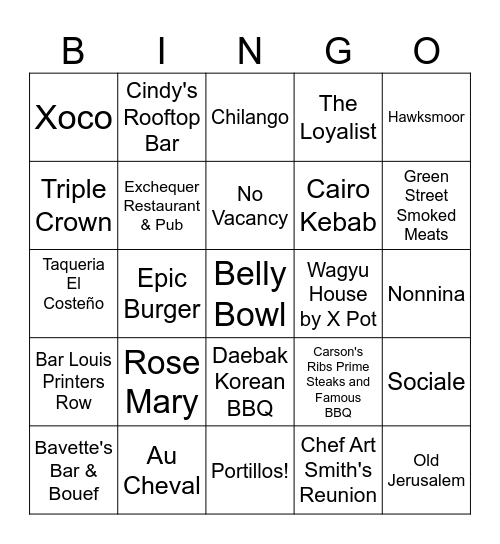 Restaurant Bingo 2025! Bingo Card