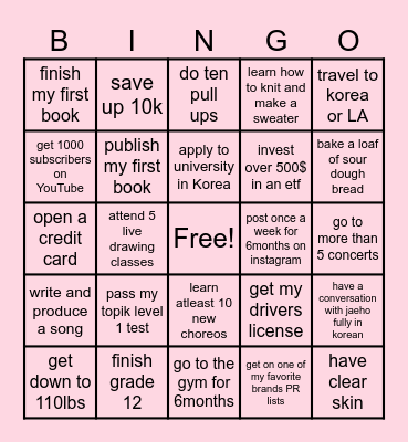 New Years Resolutions Bingo Card